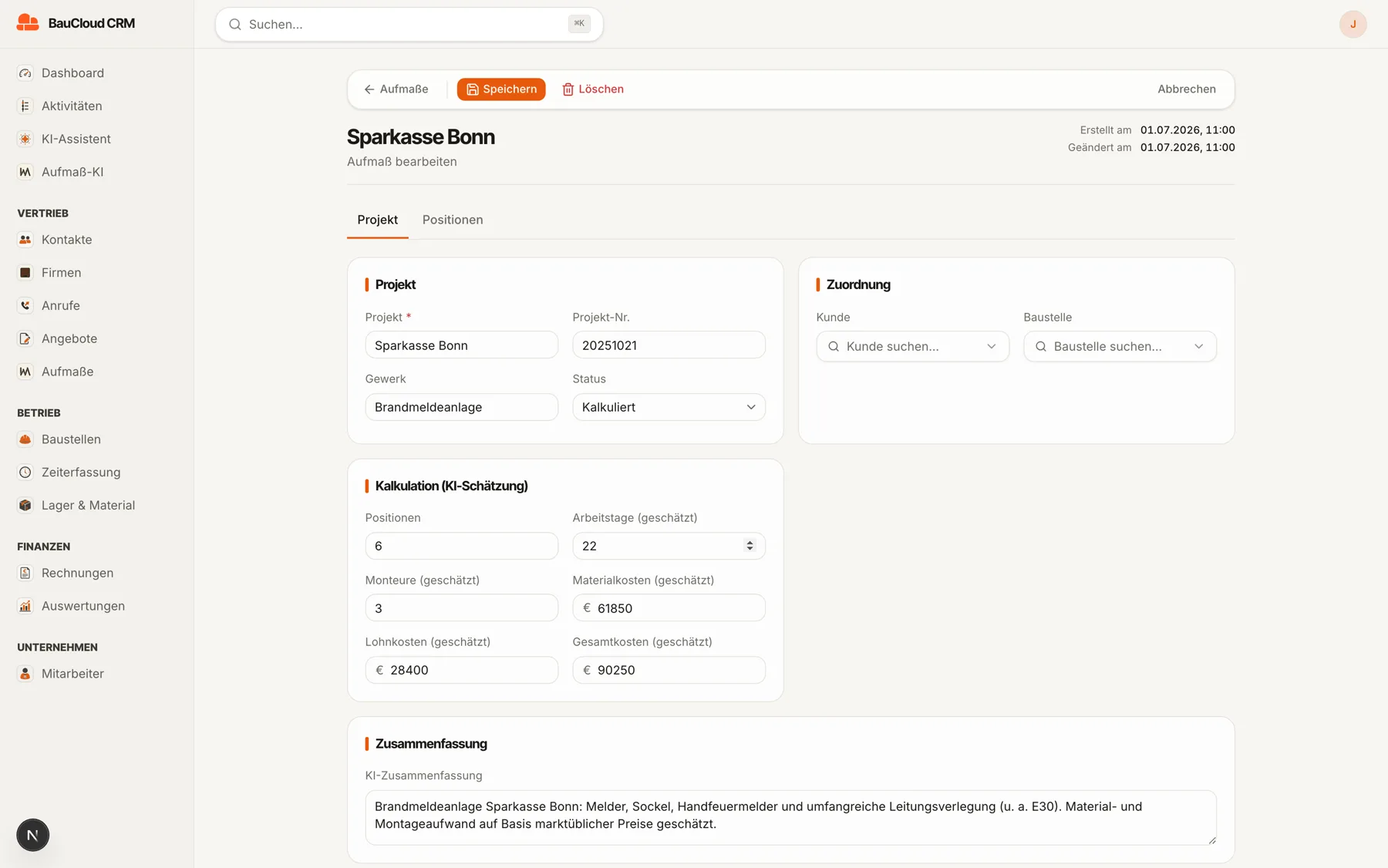 KI-Kalkulation in der Bausoftware BauCloud: geschätzte Arbeitstage, Monteure, Material- und Lohnkosten für ein Aufmaß