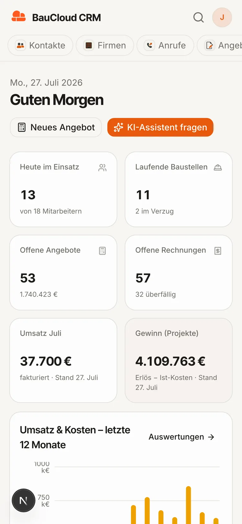 BauCloud Dashboard auf dem Smartphone