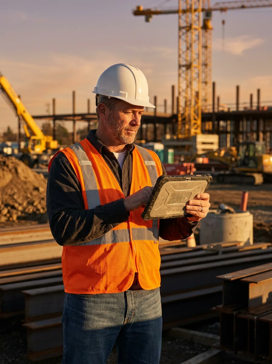 Polier mit Tablet auf der Baustelle